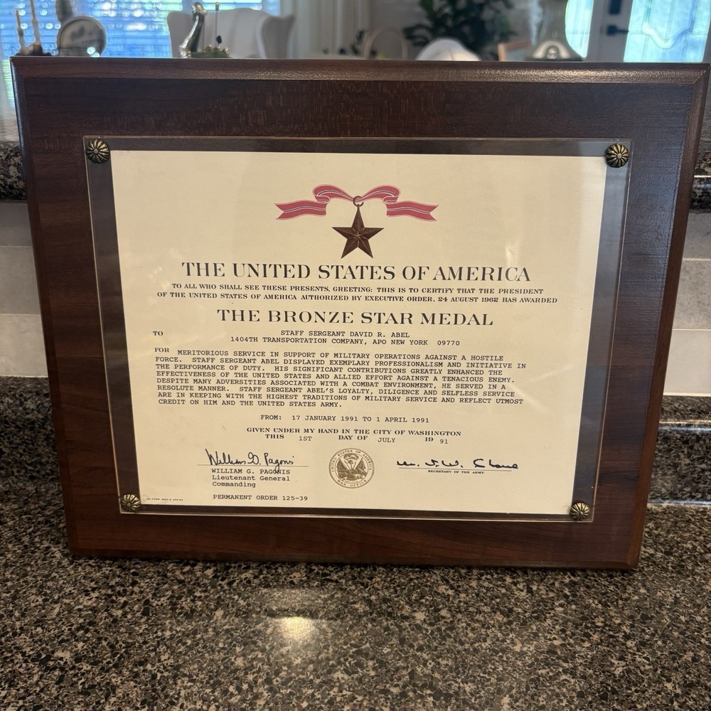 Bronze Star Medal Award Certificate 1991 Gulf War Staff Sergeant Framed Army